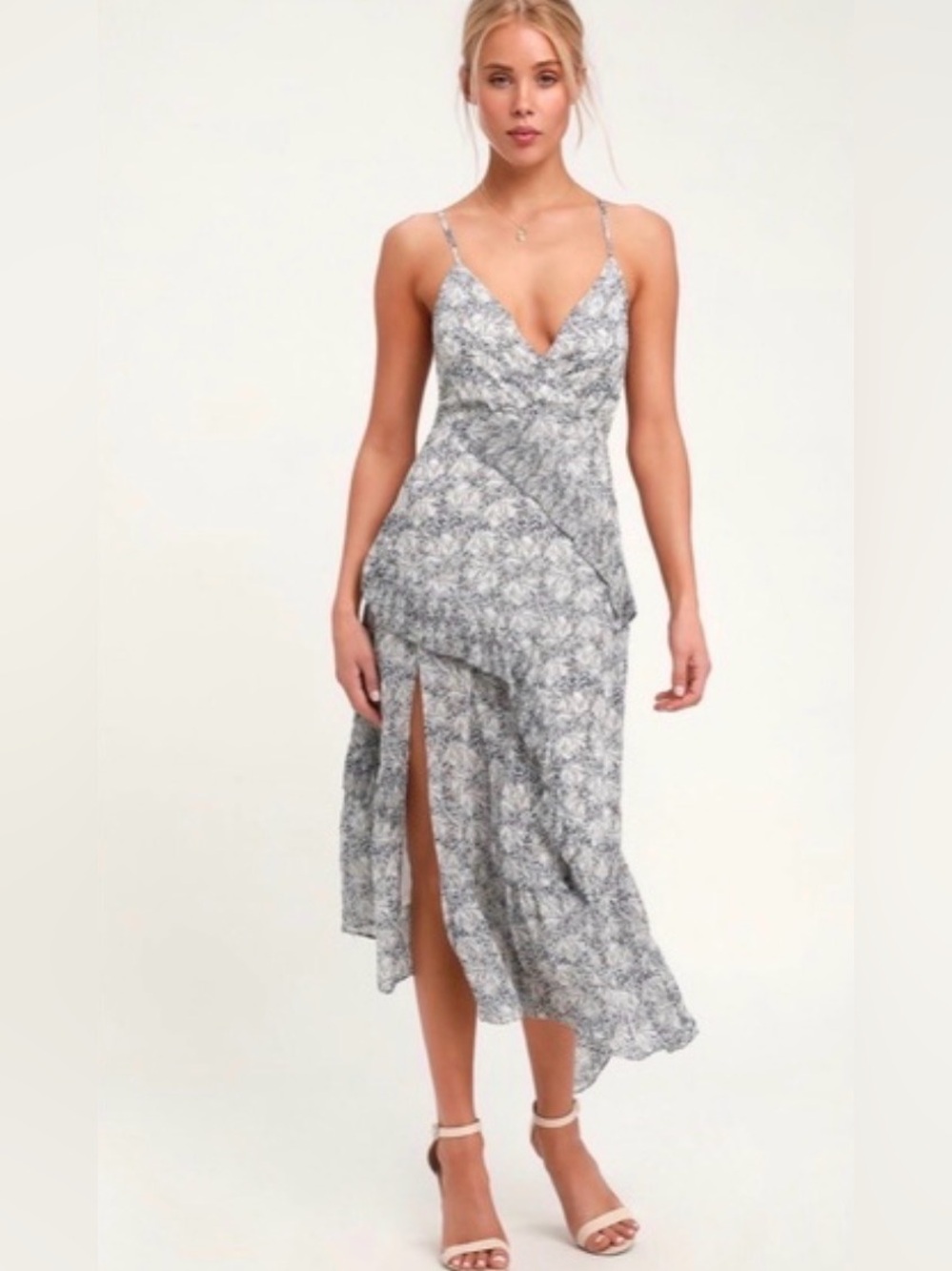 Lulu's Gray Floral Wrap Midi Dress